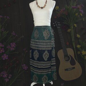 Vintage La Femme Boho Large Wrap Skirt Green Gold Blue Cotton Maxi Hippie Tribal